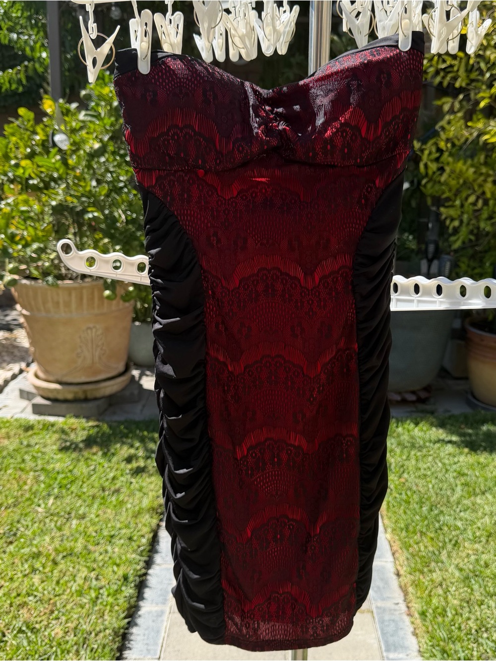 Frederick's of Hollywood Strapless Burgundy Lace Dress with Black Sides